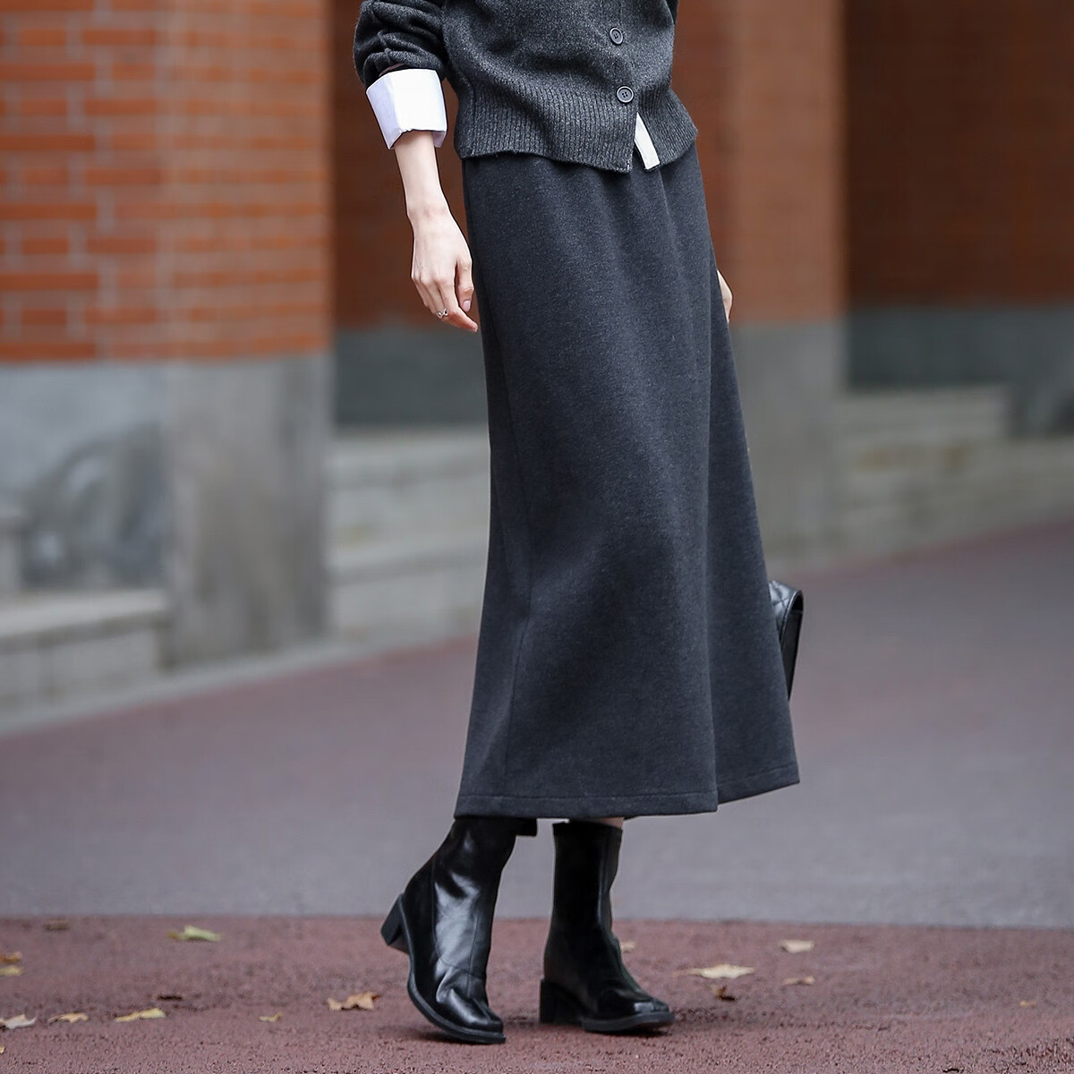 Dme [Mulberry Silk and Wool Blend] Autumn Commuter Elastic Waist Back Center Slit Straight Mid-Length Women's Skirt