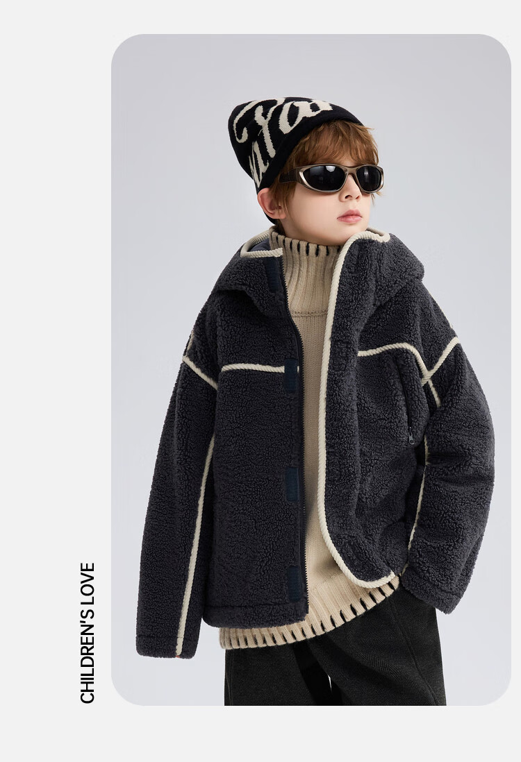 ASK JUNIOR Kids Plush Jacket 2025 Winter Hooded Windproof Coat Boys Casual Loose Fleece 17