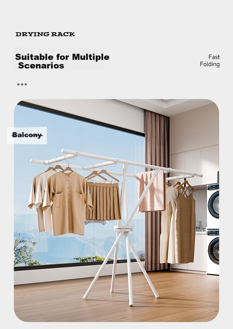 Cenggao Foldable Clothes Drying Rack, No Installation Required, Indoor Balcony Adjustable Height Clothes And Quilt Drying Stand, Milk White Color, Adjustable Height 1.5 Meters 11