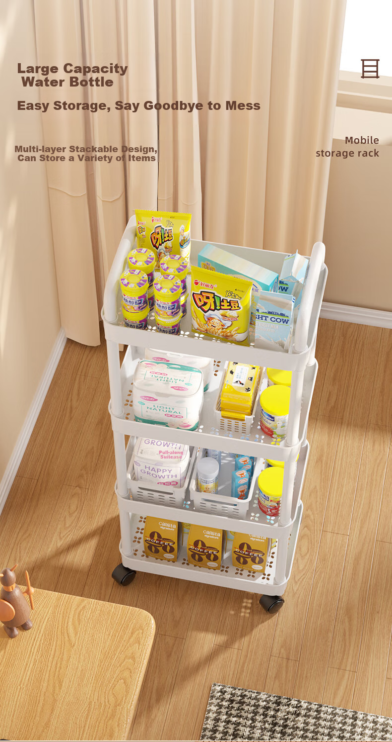 Shunyou Floor Storage Rack, Carbon Steel Shelving Unit, Mobile Kitchen Organizer, Three-Tier Trolley Cart, Pink, SY-1320 3