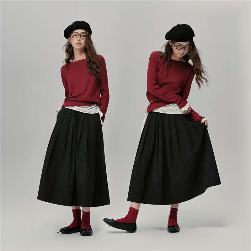 Giordano Designer Women's New Puff Sleeve Black A-Line Skirt with Elastic Waist 18465220