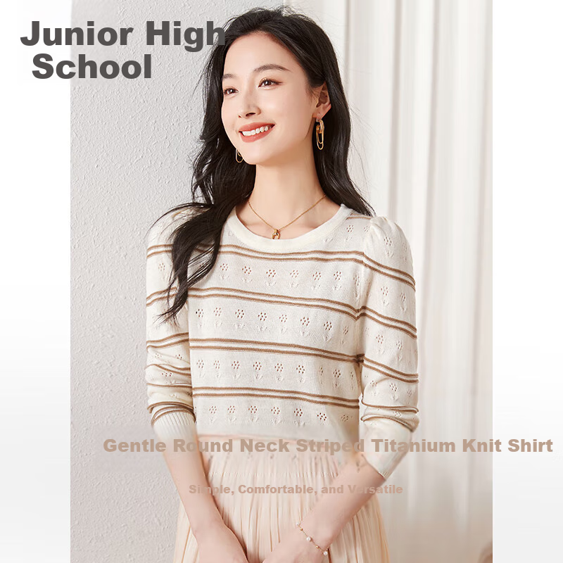 Chushen Women's Autumn And Spring Knit Sweater, Fashionable Casual Round Neck Hollow Striped Thin Long-Sleeve Knitted Top S61Z163