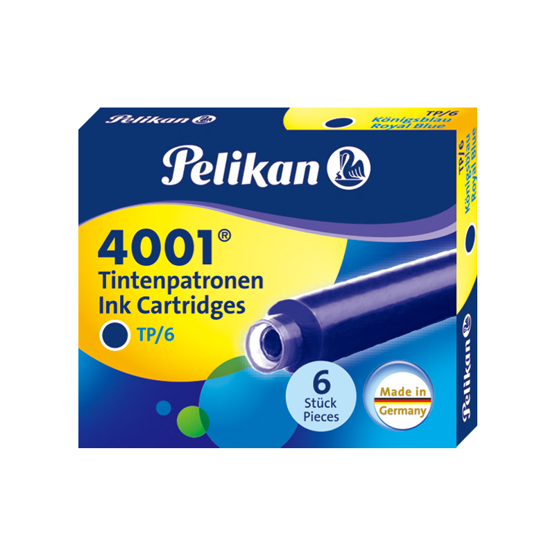 Pelikan 4001 Short Ink Cartridges Non-Carbon Ink 6-Pack Student Pen Cartridges Royal Blue