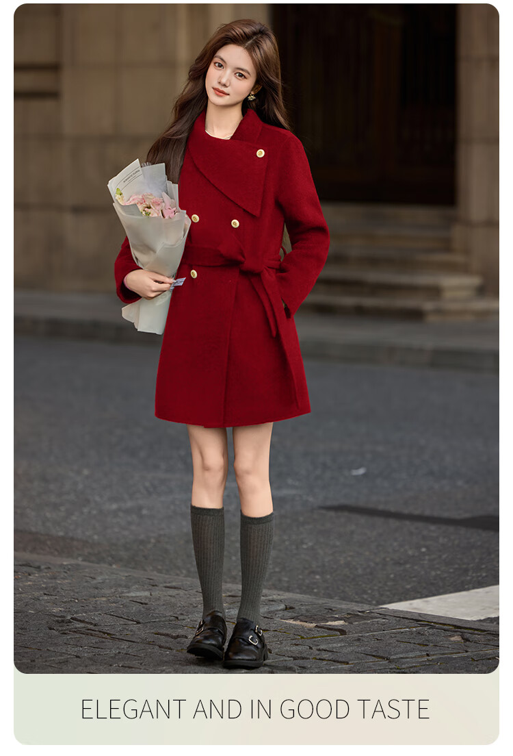 Bailuyu Qianjinfeng Wool Blend Double-Sided Woolen Coat 25 Winter New Year Red Mid-Length Elegant Women's Coat Red M 9