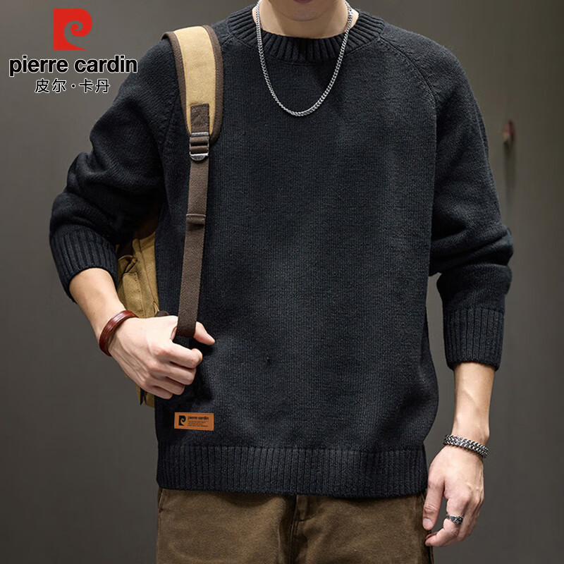 Pierre Cardin Men's Sweater Autumn Winter Retro Crew Neck Knitwear Solid Color Loose Fit Black XL