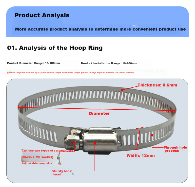 Minhongshi Surveillance Clamp Bracket, Full Steel Clamp, Electrical Pole Clamp Pipe, 304 Stainless Steel Hose Clamp, Stainless Steel Clamp Ring 200MM 4