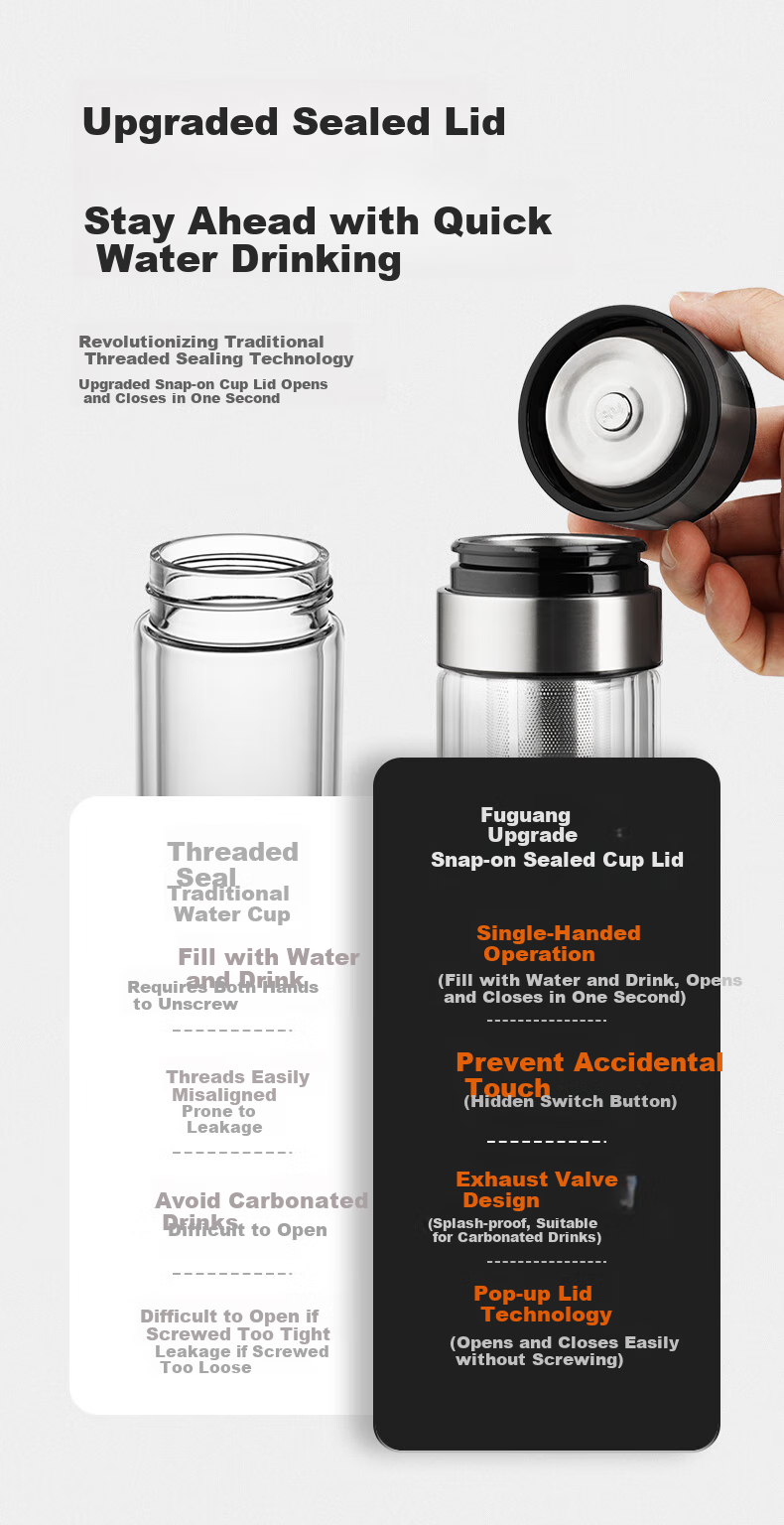 Fuguang Double-Layer Glass Cup, Car-Mounted One-Touch Lid Opening Tea Infuser Cup, High Borosilicate Tea-Water Separation Water Bottle for Men And Women, 300ml 9