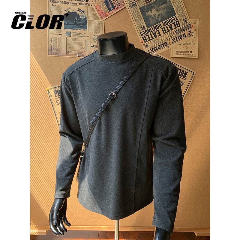 CLOR Patchwork Double-Sided Velvet Long Sleeve T-Shirt Men Spring Autumn Warm Pullover Crew Neck Base Layer CXT06 Black L