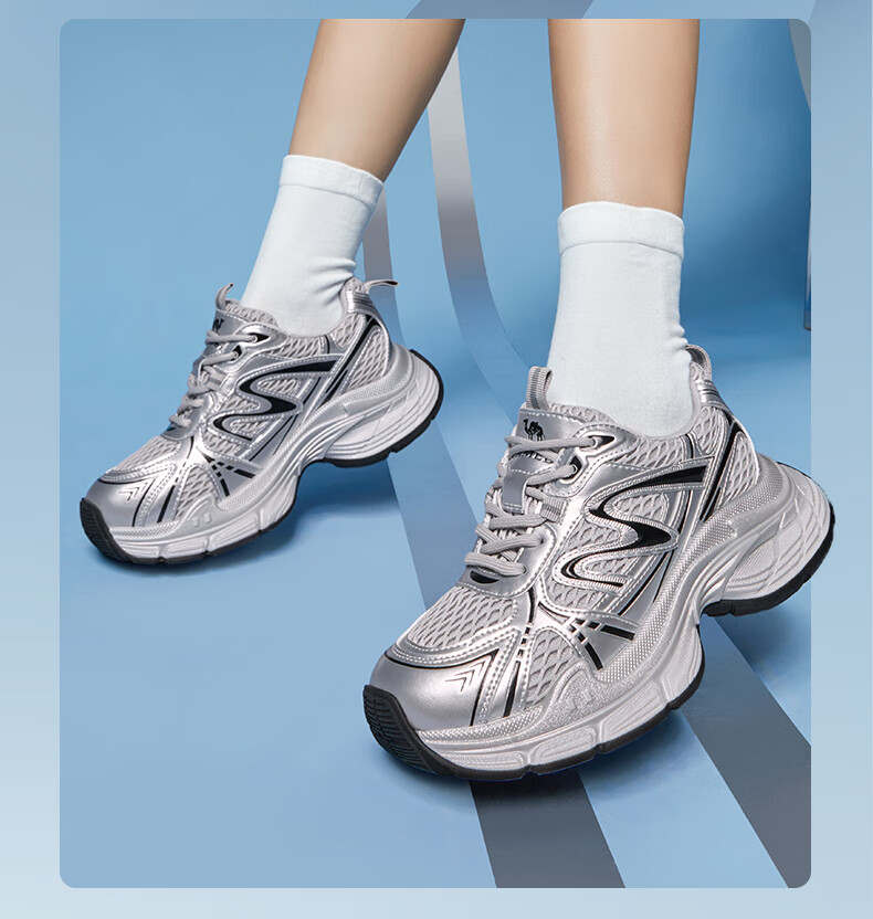 CAMEL Women's Dad Sneakers Millennial Style Thick Sole Sports Shoes Metallic Casual Shoes L26S283072 Silver/Black Size 37 2