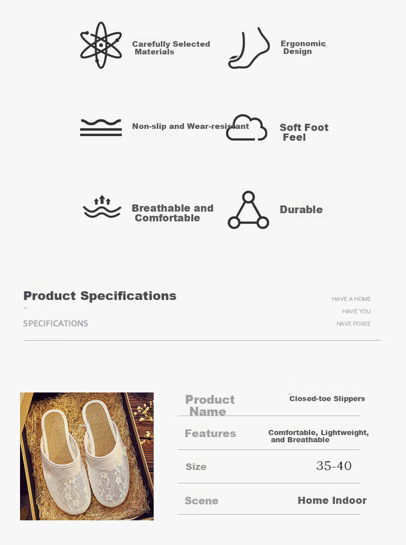 Hengyuanxiang Hollow Lace Linen Slippers for Women, Summer Office Indoor Home Use Breathable Closed-Toe Sandals, Beige 35-36 2