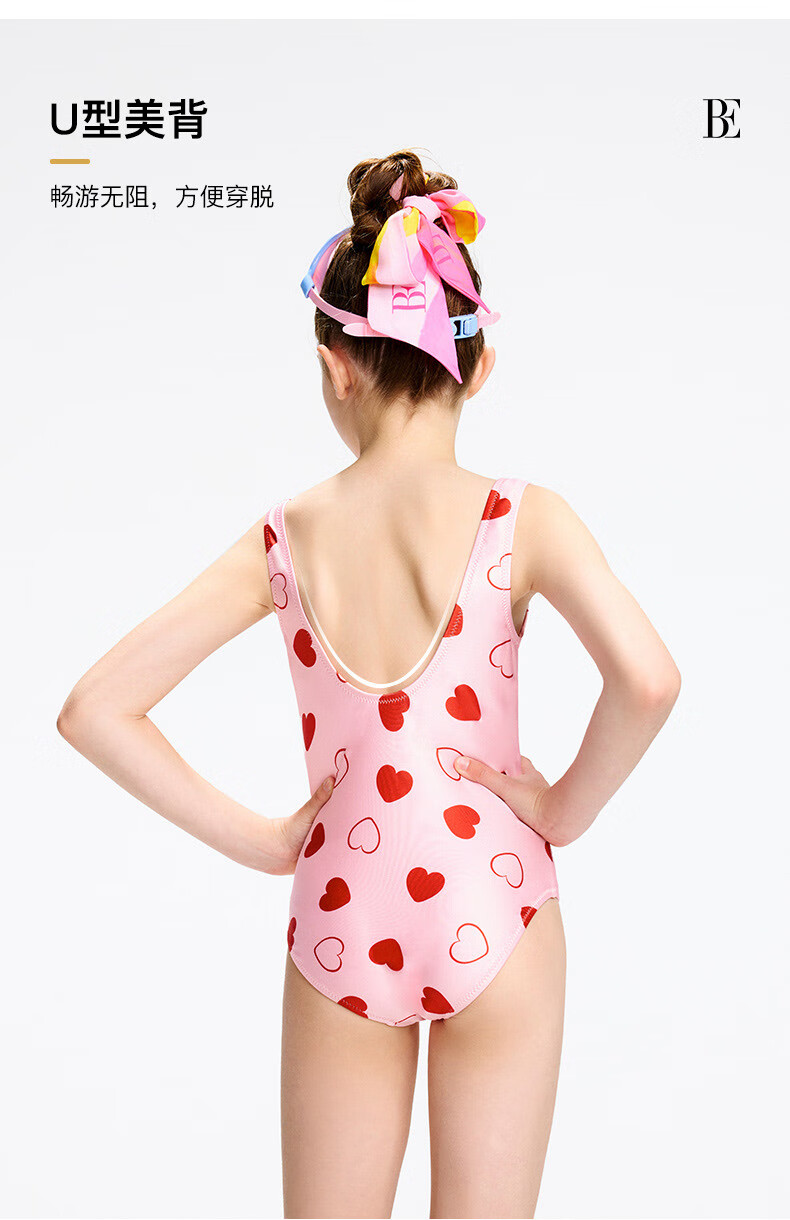 BALNEAIRE High-End Fashion Girls' One-Piece Triangle Sunscreen Vacation Beach Swimsuit Chlorine-Resistant Small Red Heart Pink Size 100 4