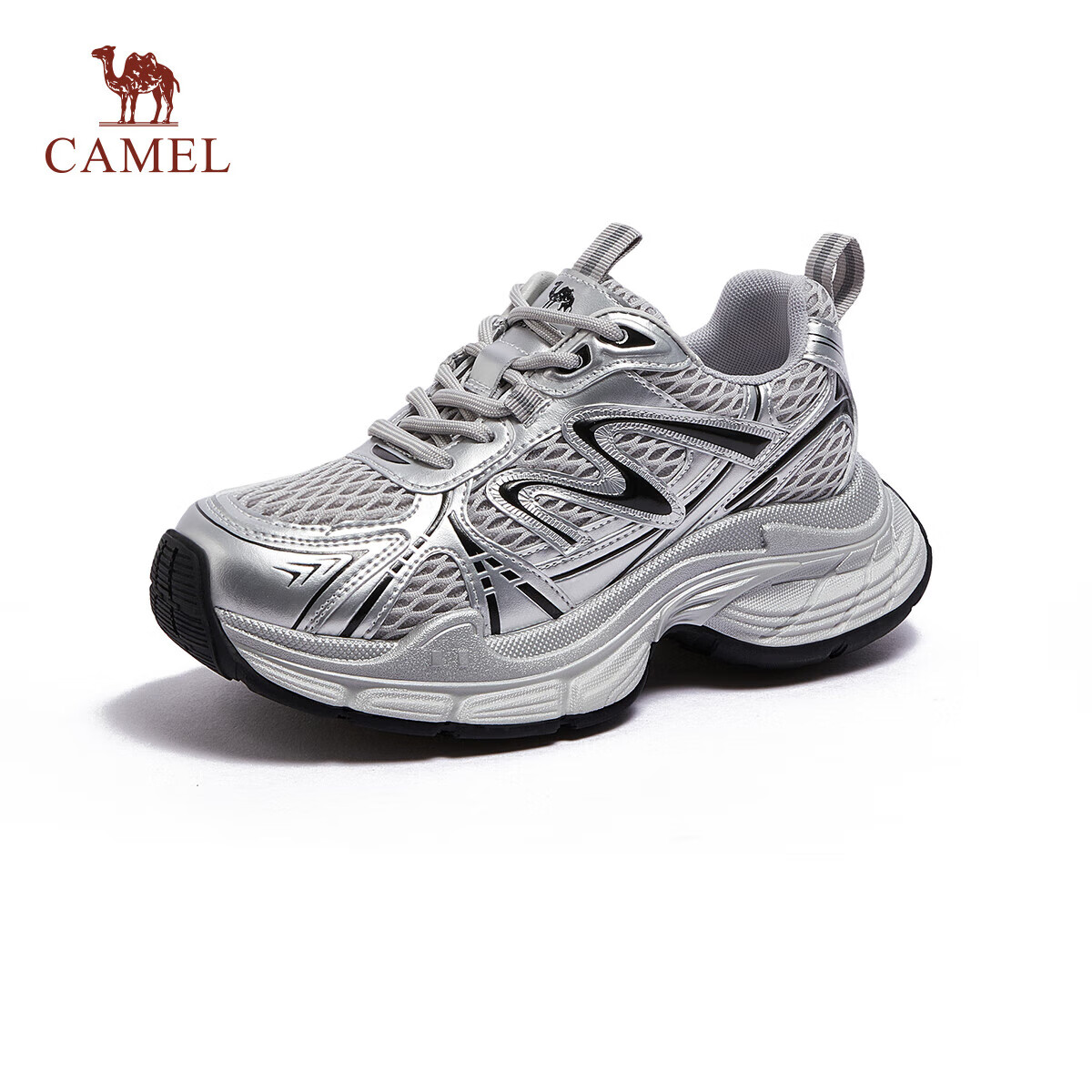 CAMEL Women's Dad Sneakers Millennial Style Thick Sole Sports Shoes Metallic Casual Shoes L26S283072 Silver/Black Size 37