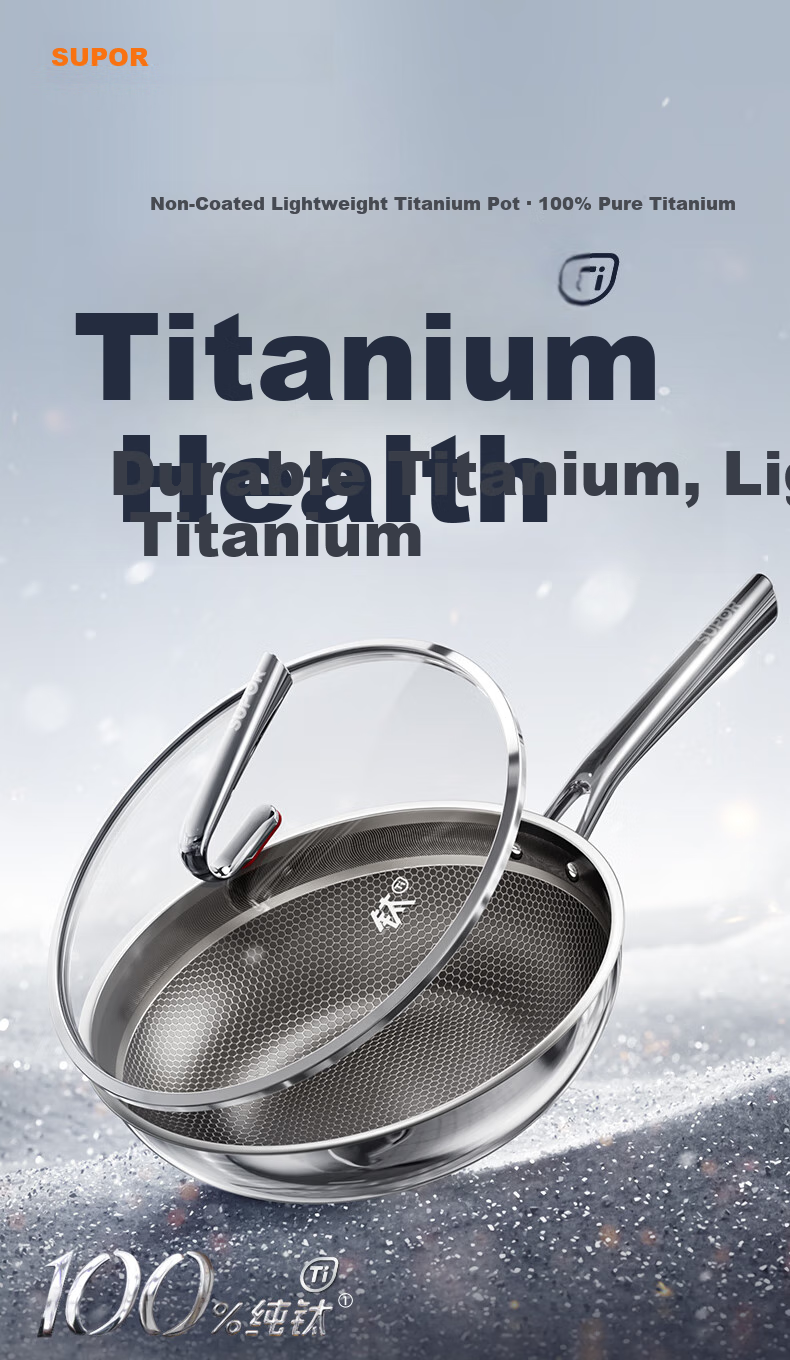 SUPOR Pure Titanium Wok, Non-Coated Non-Stick Pan, 32cm Stainless Steel Wok for Home Use, Compatible with Induction Cooker And Open Flame, Cooking Pan CC32T1 1
