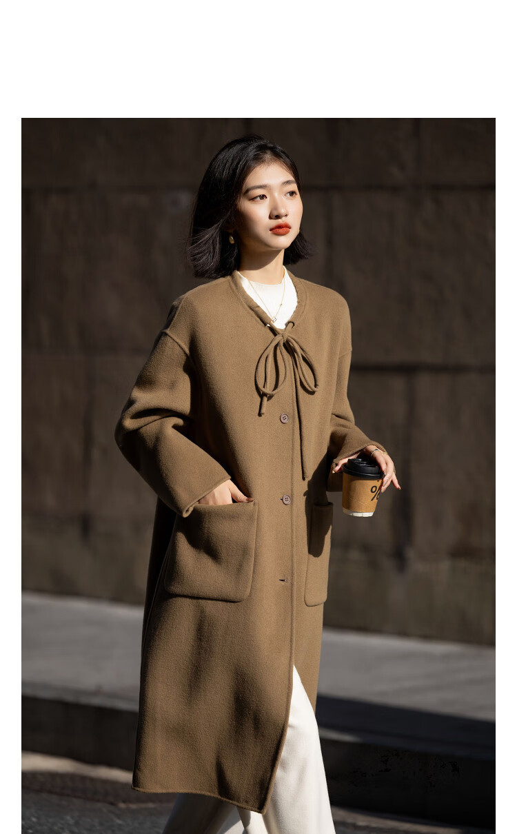 Dme 100% Wool Double-Faced Woolen Coat Winter Luxury Round Neck Ribbon Long Women's Woolen Overcoat 2