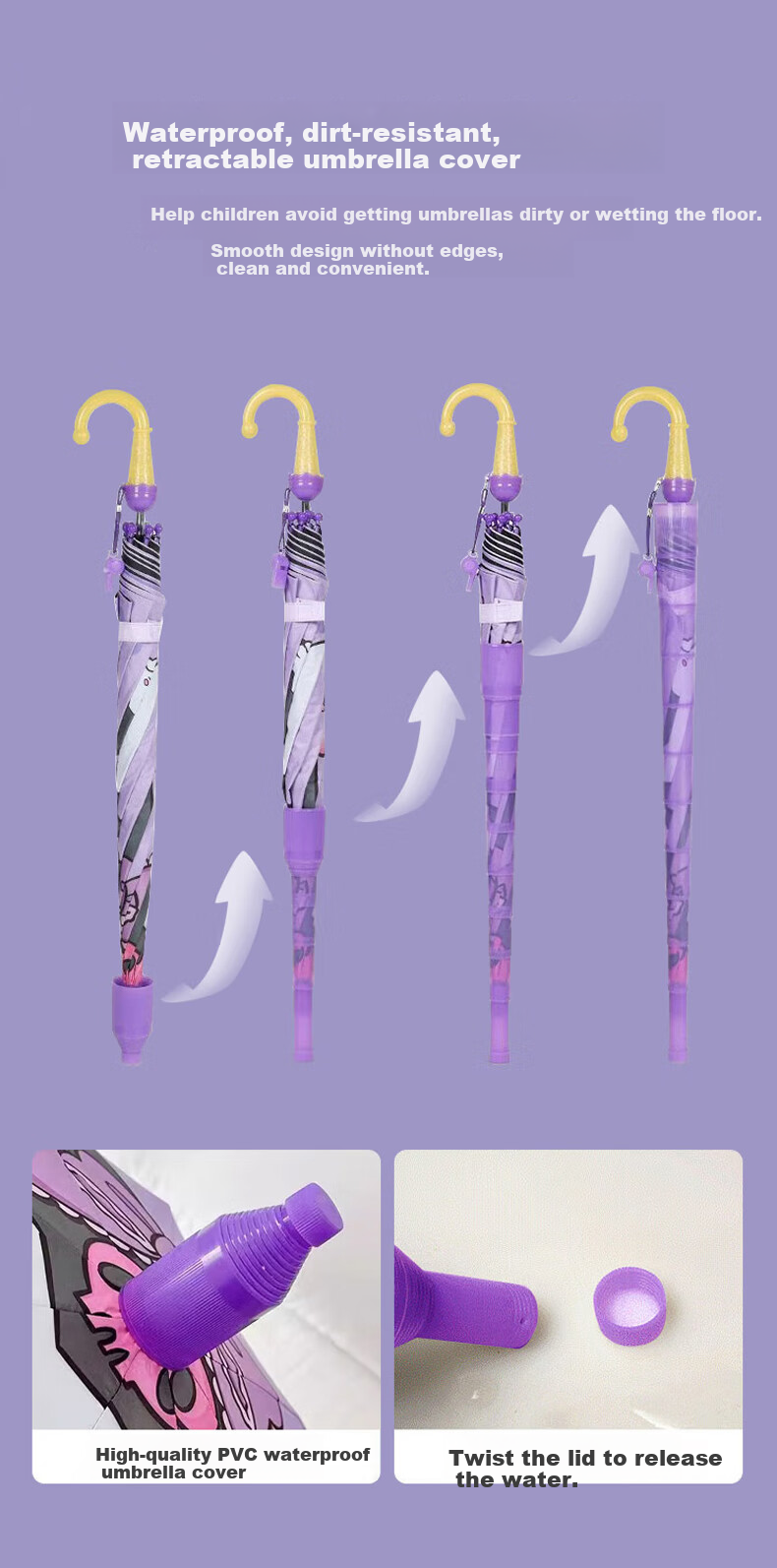 Baoshi Children's Umbrella, Girls' Sunshade Umbrella, Long Handle Cartoon Elementary School Student Straight Handle, Dual-Use for Rain And Shine, Black Rubber Umbrella, Purple Waterproof Umbrella Cover 4