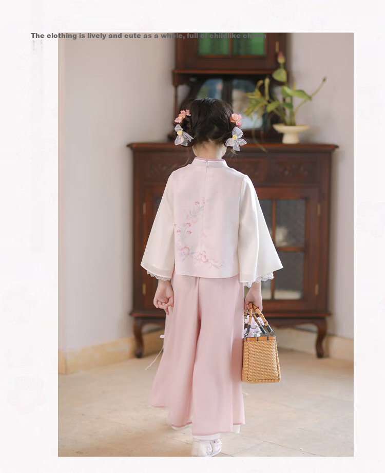Qibo Hanfu Girls' Spring And Autumn 2026 Mid-Autumn Festival New Style Chinese-Style Tang Suit Children's Outfit Set, Floral Rain Pink, Size 140 17