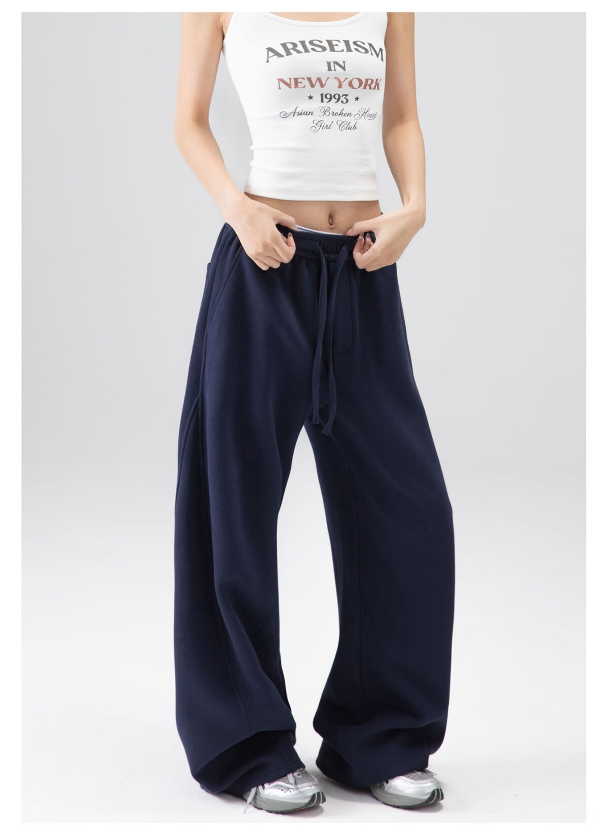 ICH MODE Women's American Style Sweatpants Sports Pants Spring Autumn New Loose Wide-Leg Casual Pants Curved Cut Navy Blue L 18