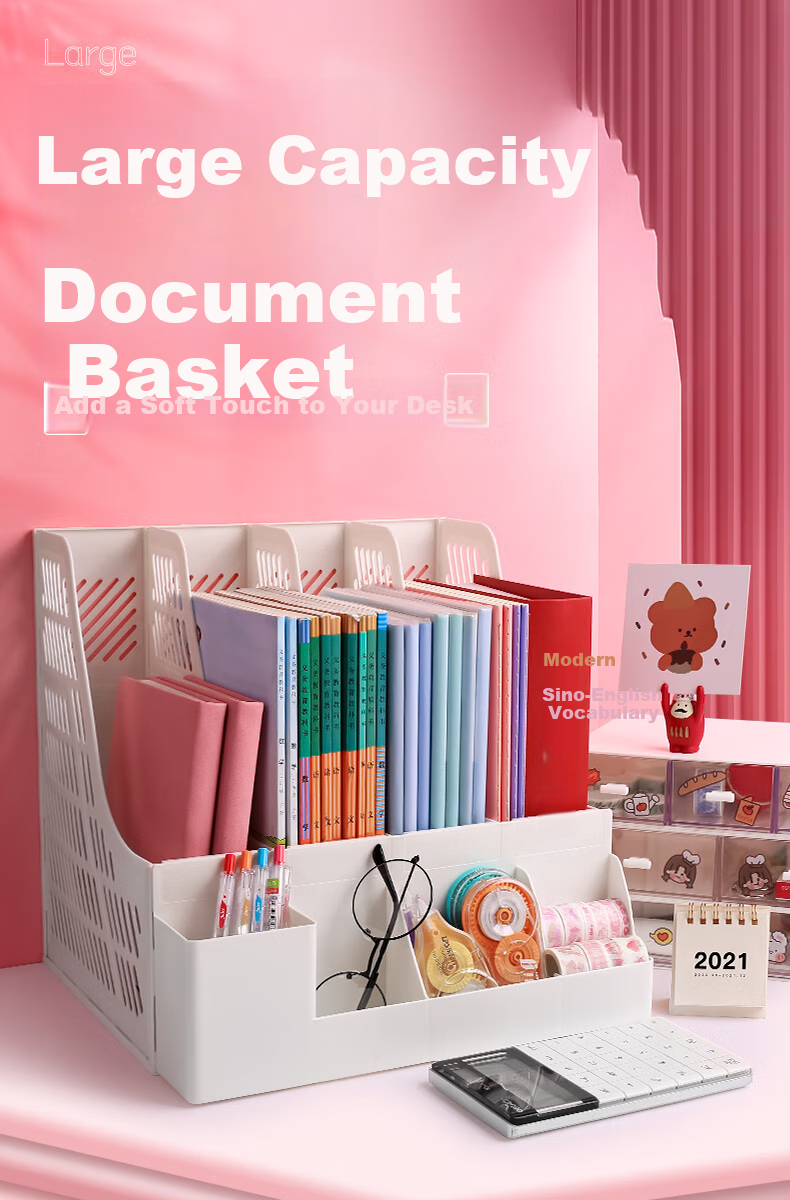 Licao File Organizer Shelf, Document Storage Box, File Folder Holder, Desktop Bookshelf, Office File Rack, File Basket with Built-In Pen Holder, Office Supplies, Forest Gree 3