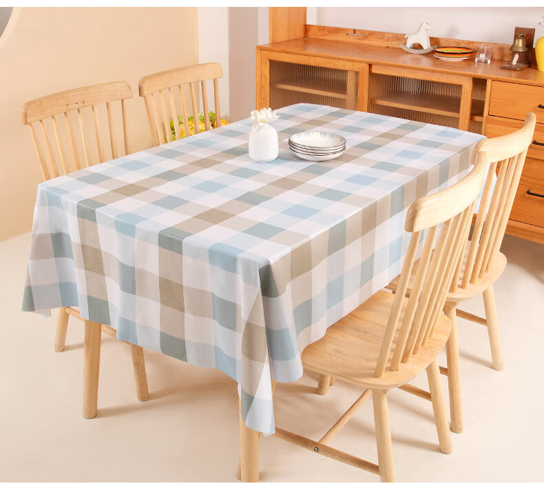 CHERISHES LIFE Waterproof And Oil-Resistant Tablecloth, Washable Thick PVC Dining Table Cover, Coffee Table Cover, Dormitory Desk Cover, Blue And Brown Large Grid Pattern, 90*137cm 2
