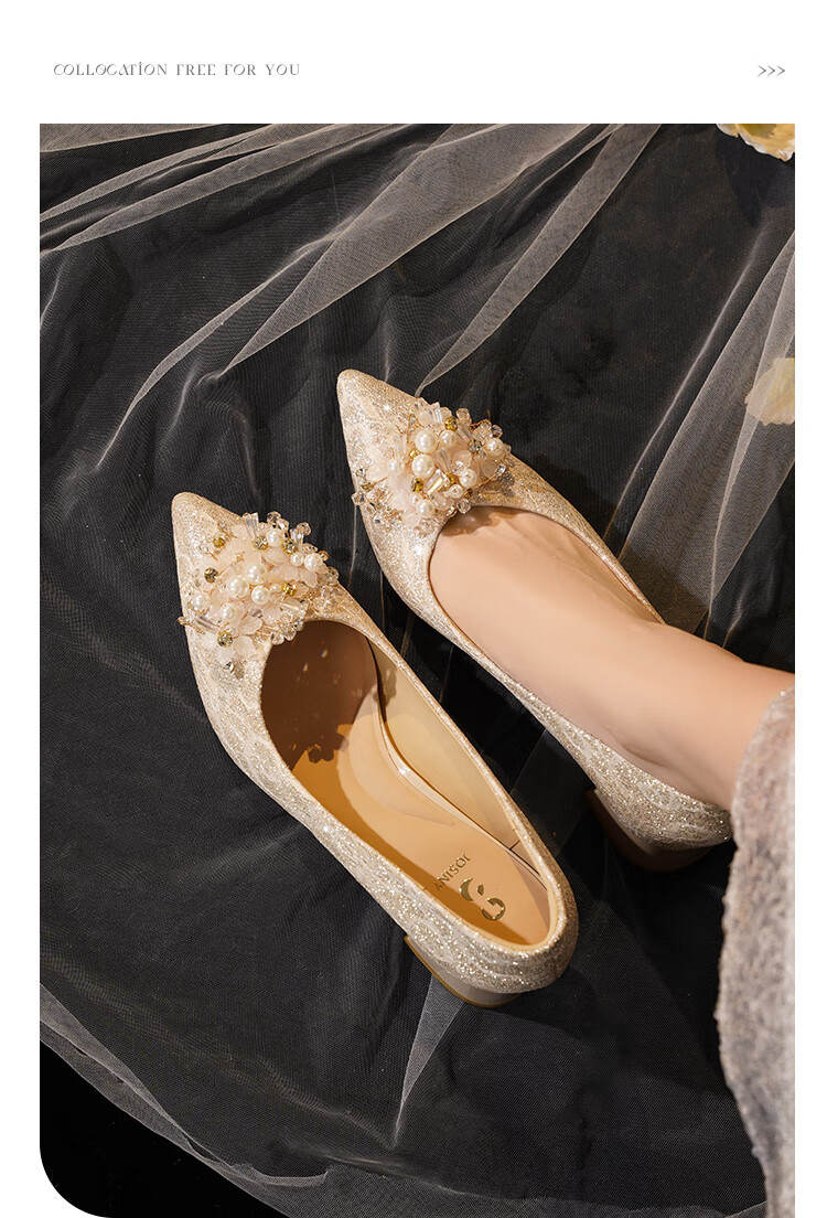 Josiny Pointed Toe Stiletto Heels 2026 Spring New Gorgeous Wedding Bridal Shoes Champagne Gold Size 36 7