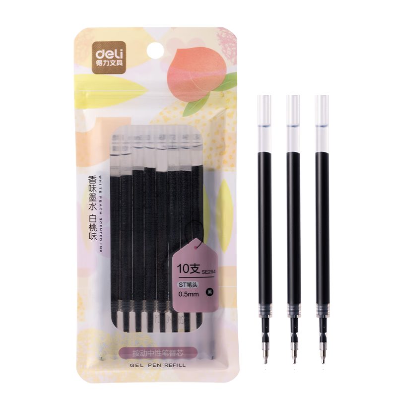 Deli Fruit Scented 0.5mm Quick-Dry Click Gel Pen Refills Black 10pcs/Bag SE294