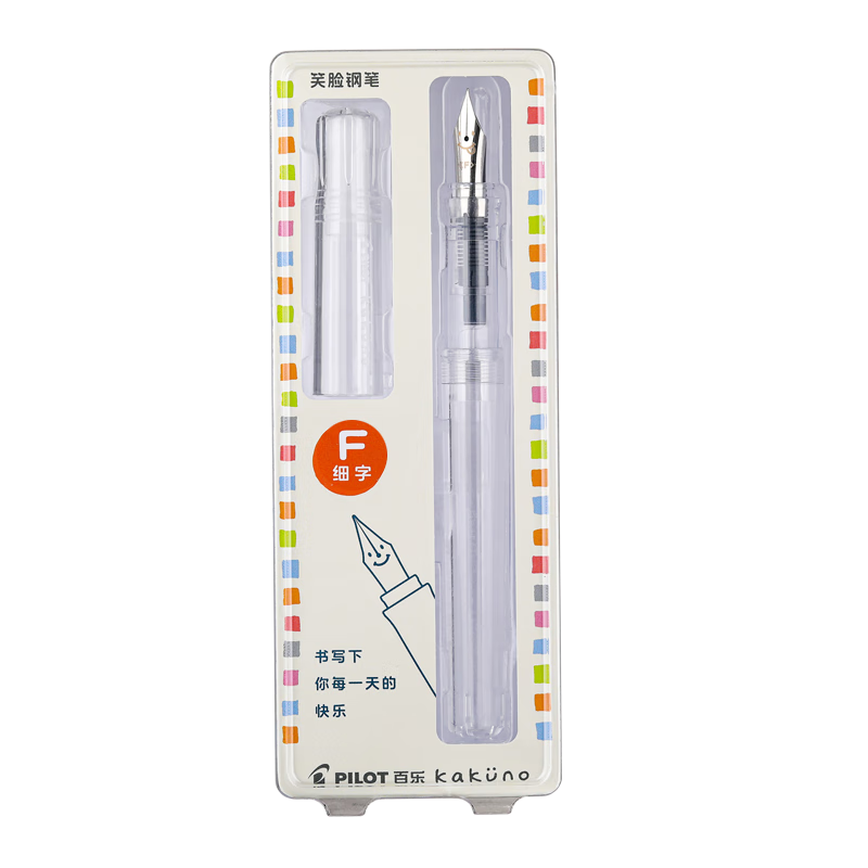 PILOT Kakuno Smiley Face Student Fountain Pen for Grades 3-6, Replaceable Ink Cartridge, Calligraphy Fountain Pen for Children's Handwriting Practice with Black Ink Cartridge Set, F Nib, Transparent