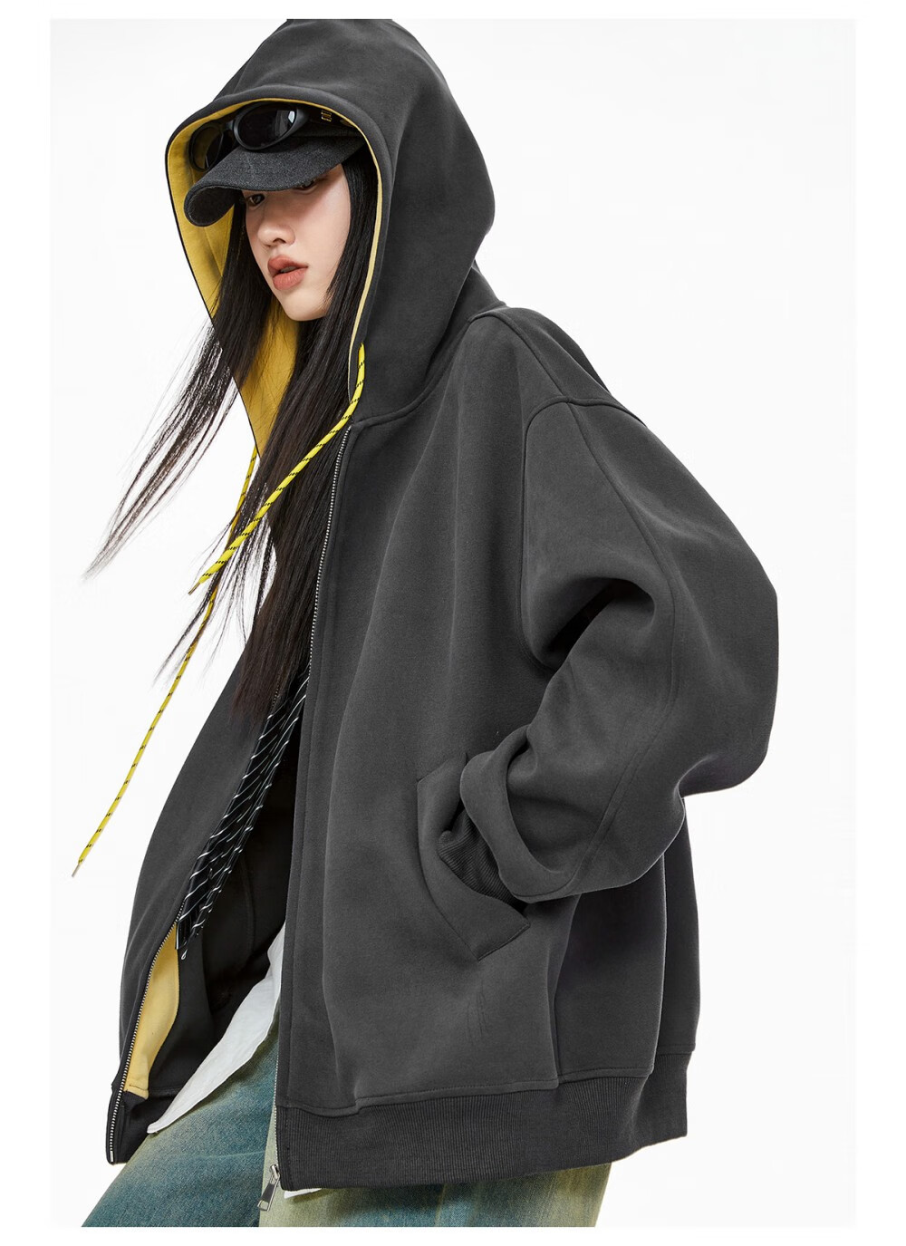 ICH MODE Women's Hoodie American Vintage Loose Fit Zip-up Sweatshirt Spring Autumn New Light Heather Gray L 39