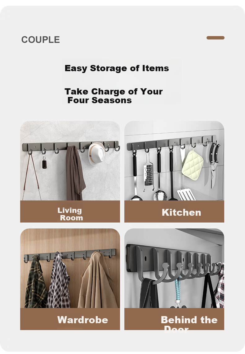 Baizi Space Aluminum Hooks, No Drilling Required, Coat Hooks, Door Back Key Hooks, Entryway Bathroom Kitchen Adhesive Hooks, 8 Hooks 9