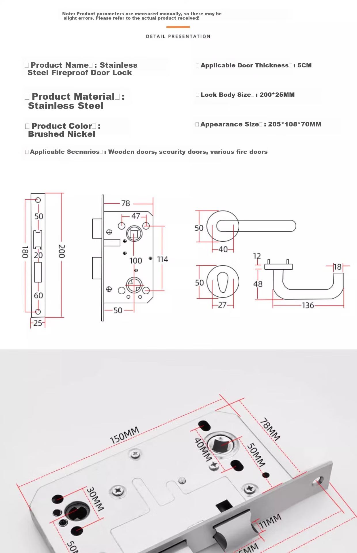 Cuntiandaofu Fire Door Lock, Stainless Steel Complete Set, Universal Fire Door Lock Cylinder, Passage Lock Accessories, Handle Fire Lock Body 6