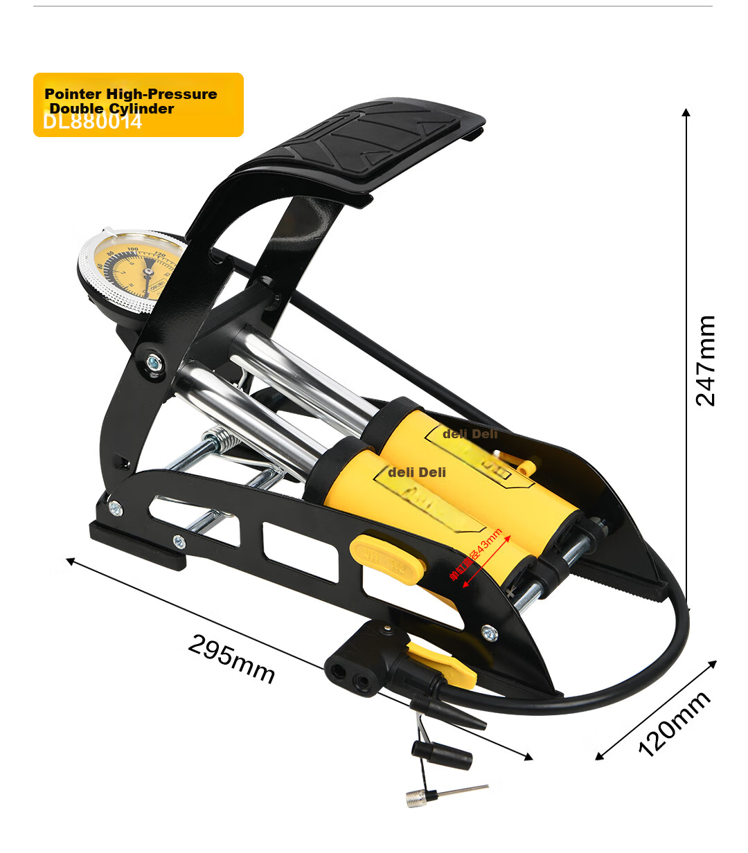 Deli Deli Dual-Handle Foot Pump High-Pressure Air Pump for Bicycles, Motorcycles, Electric Vehicles And Basketball Inflation with Gauge 10