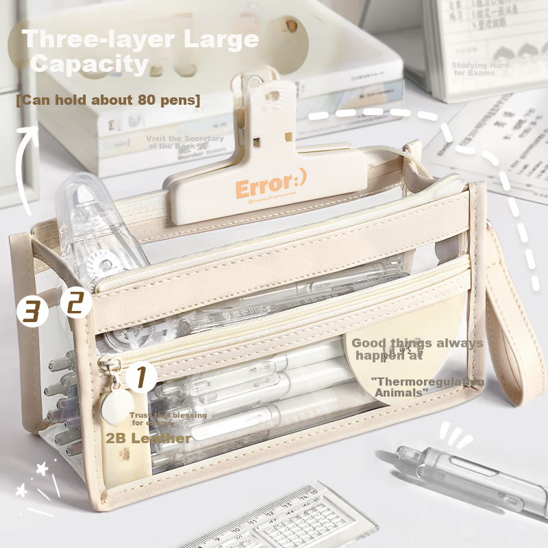 Shuxing Three-Layer Transparent Pencil Case, Exam-Specific Large Capacity, High School Entrance Exam Stationery Bag, Aesthetically Pleasing Simple Pencil Box, for Girls And Boys in Primary And Secondary Schools