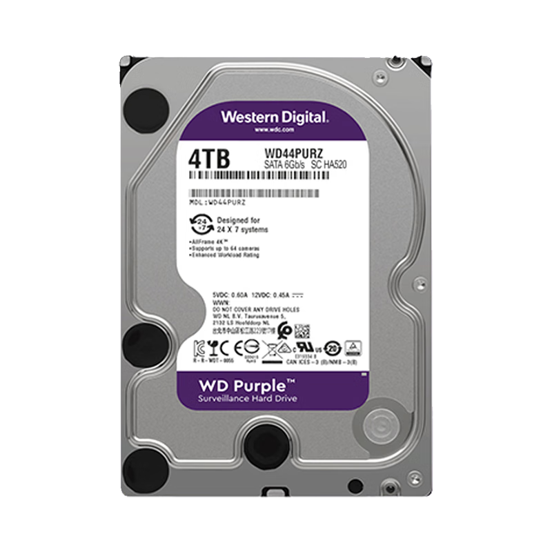 Western Digital (WD) 4TB Surveillance Hard Drive WD Purple SATA 128MB CMR Vertical Security Storage 3.5-inch WD44PURZ