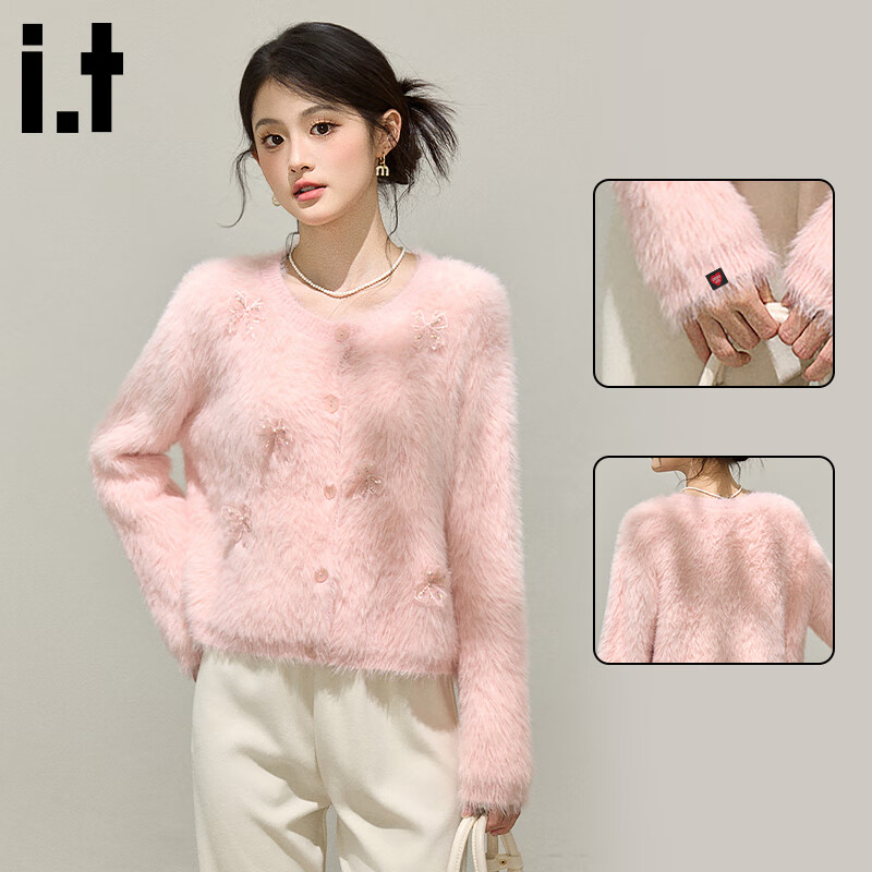 :CHOCOOLATE IT Bow Knit Sweater Women's Spring Autumn New Design Chanel Style Cardigan Pink One Size