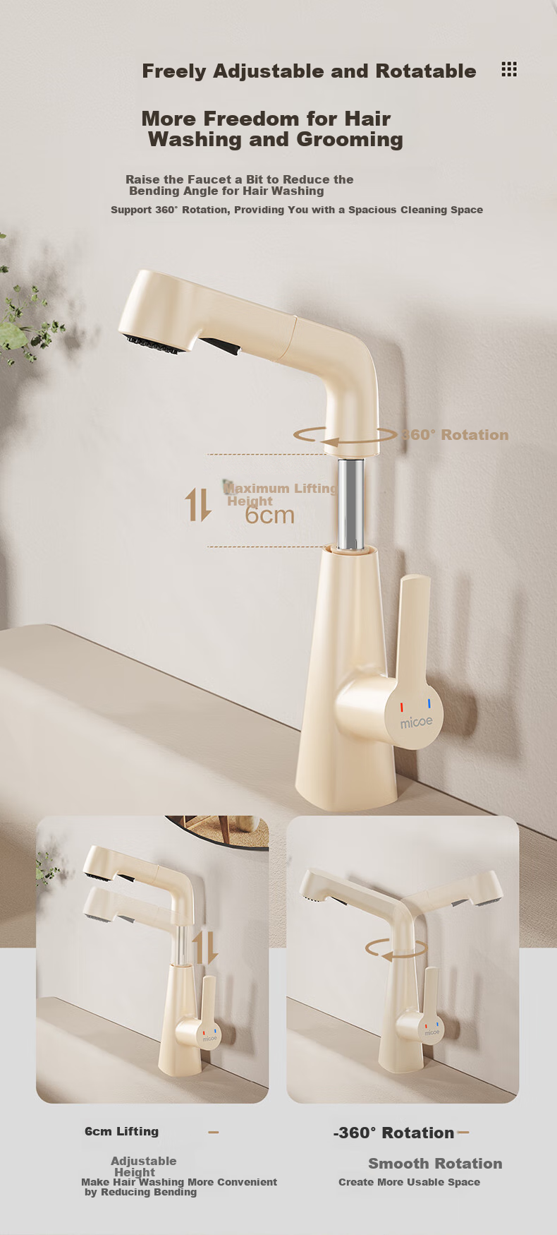 MICOE Basin Faucet Series, Adjustable Height Pull-Out Design, Cream White, Air-Cooled And Hot Water, Bathroom Sink And Washbasin Faucet 3