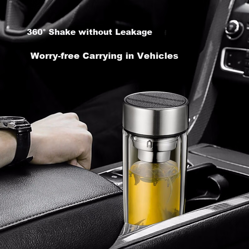 Fuguang Double-Layer Glass Cup with Tea Strainer, High Borosilicate Glass Water Bottle, Tea-Water Separation Car Tea Infuser Cup for Men 320ml