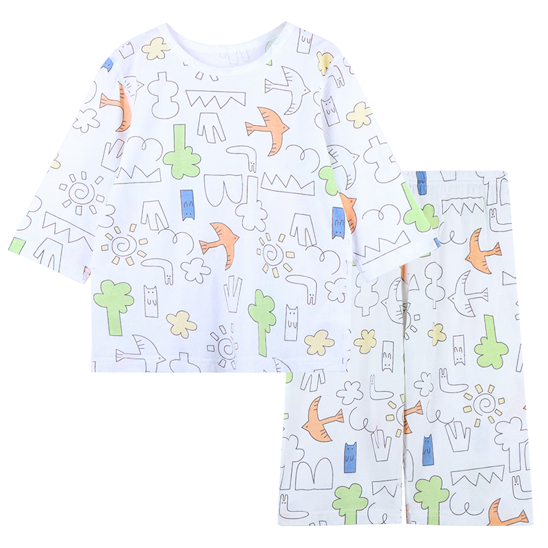 Hodo Children's Pajamas, Boys And Girls Summer Thin Pure Cotton Short-Sleeve Home Wear Set, 3A Antibacterial Air Conditioning Suit 3207 120