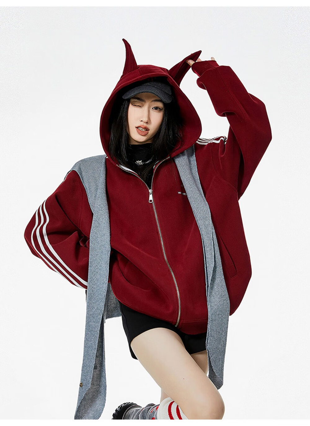 ICH MODE American Vintage Ear Hoodie Cardigan Jacket Women Spring Autumn New Loose Casual Sweatshirt Top Wine Red M 18