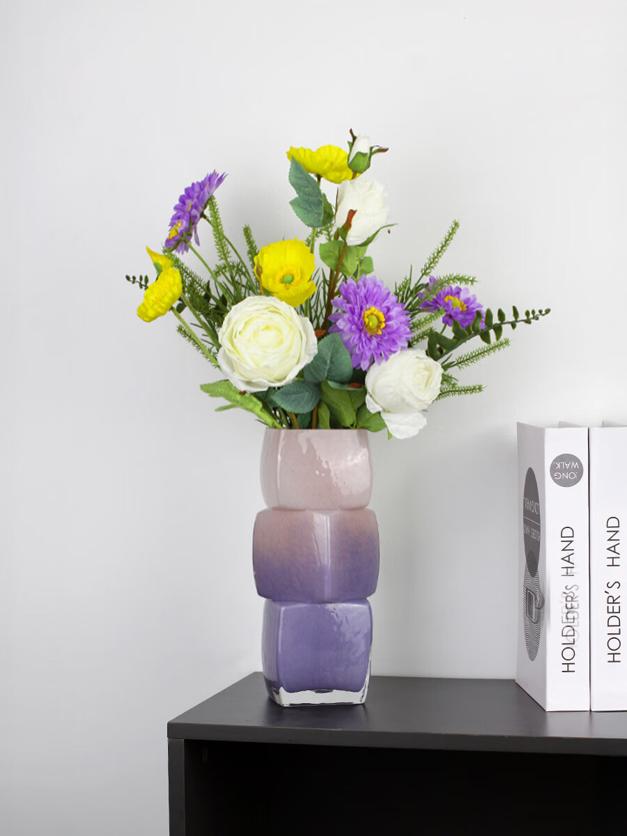 Qiju Yaji Glass Vase Stacking Sugar Cube Luxury High-End Living Room Entryway Water Planting Flower Arrangement Decoration Three Compartments Purple 30214 2