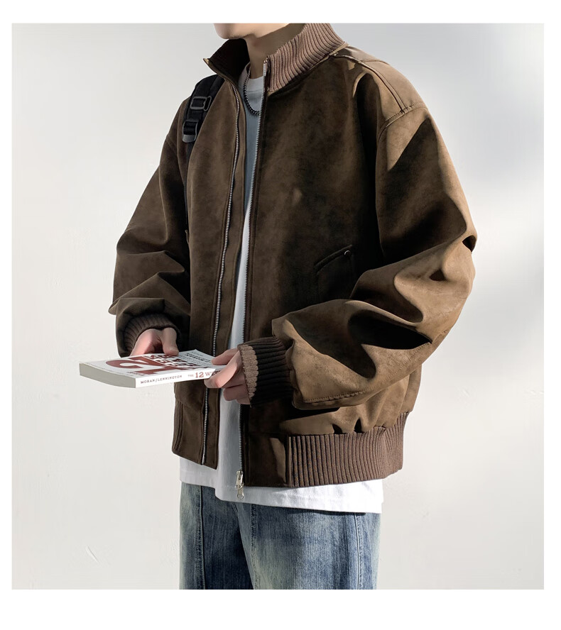 Foss Phil Men's Flight Jacket Spring Autumn Mallard Retro Stand Collar Casual Leather Jacket JK852 Coffee Color 2XL 10