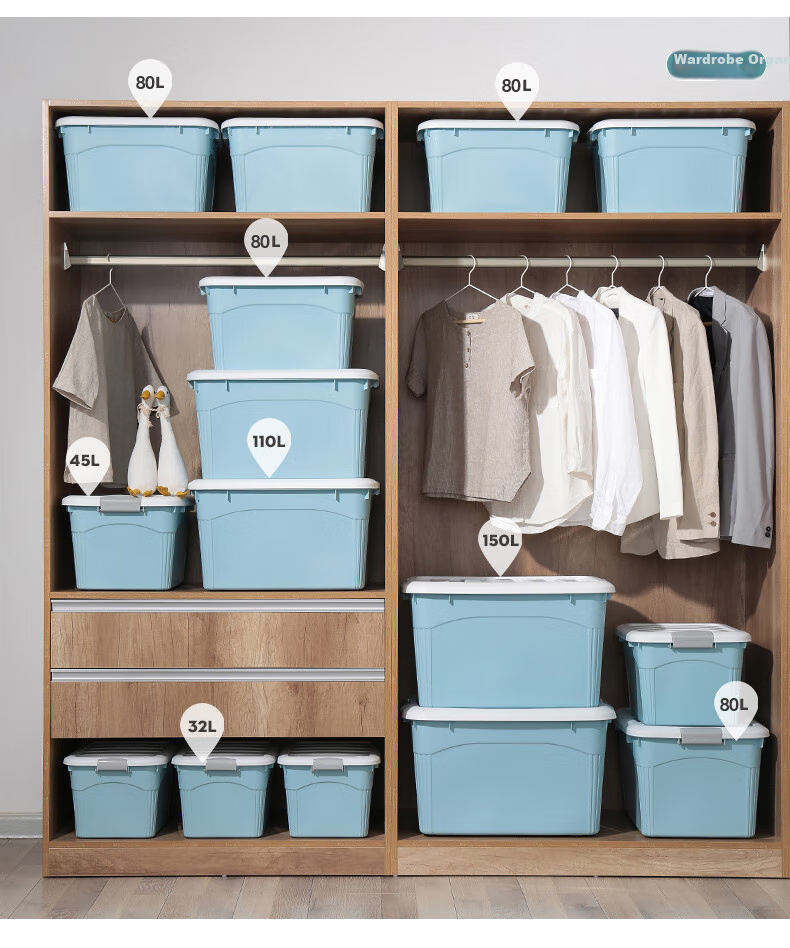 Baicaoyuan Plastic Clothing Storage Box, Toy Storage Box, 52L, Porcelain White, 1 Piece, with Wheels 14