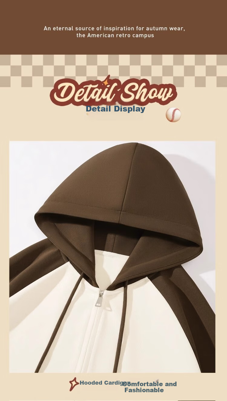 Huili Women's Hoodie Jacket, 2026 New Spring And Autumn Style, Color-Block American Retro Design, Middle School Student Hooded Cardigan, High-End Spring Outfit 14