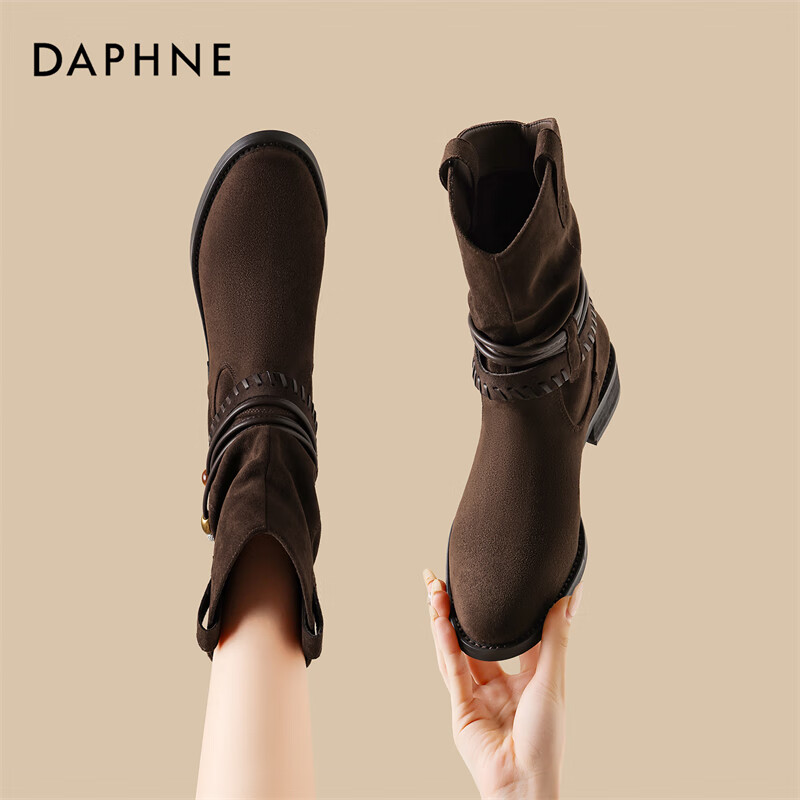 DAPHNE Vintage Western Cowboy Boots Autumn Winter New Mallard French Short Boots Women Tall Boots Suede Coffee 36
