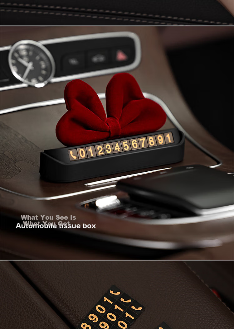 Dijialun Butterfly Bow Car Ornament, Temporary Parking Phone Number Plate, Female Car Moving Sign, Car Interior Decoration Accessories Set 3