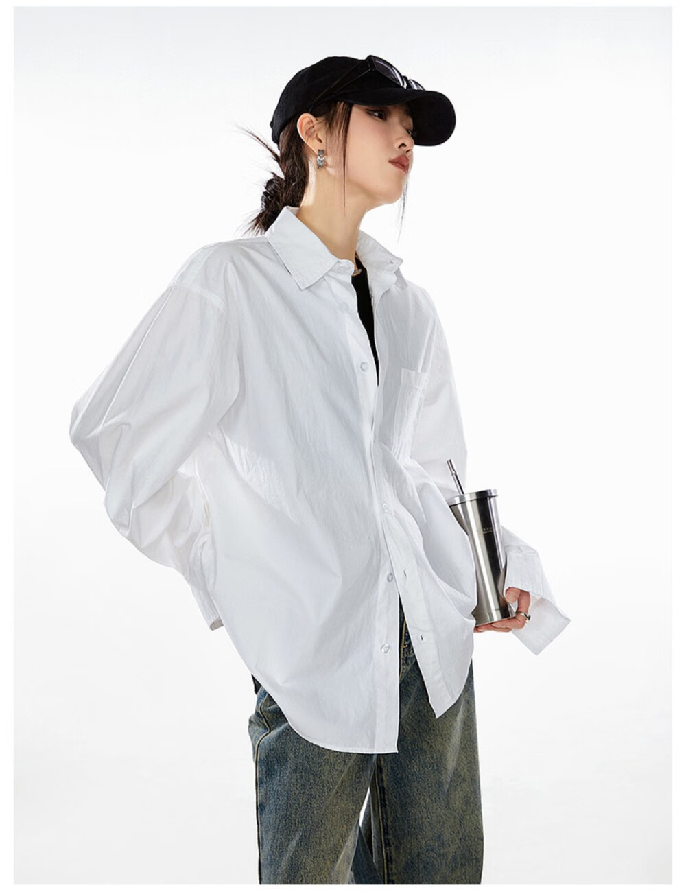 ICH MODE American Vintage White Shirt Women Casual Loose Fit Trendy Blouse Jacket Top Lazy Style White M 16