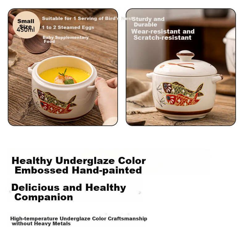 JD Original Ceramic Stew Pot with Lid And Spoon, for Soup, Steamed Eggs, Bird's Nest, And Baby Food, Zhu Yue Longmen Stew Pot 1000ML*1 3