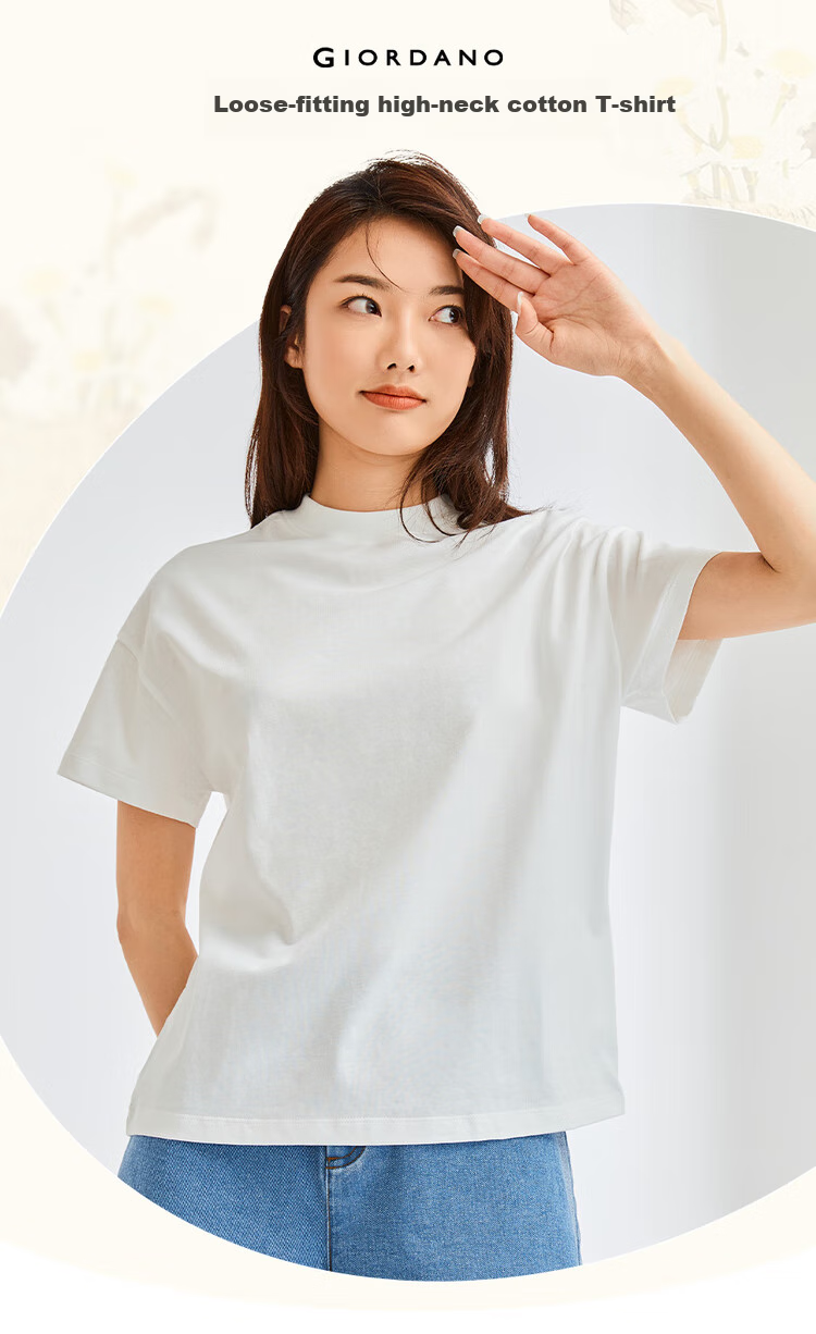 Giordano Women's T-Shirt, Pure Cotton, Skin-Friendly, Elegant Blouse, Comfortable Loose-Fitting Turtleneck Top, Short Sleeve, 05322396 3