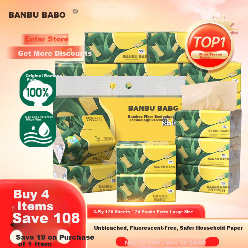 Banbu Facial Tissues, 3-Ply, 120 Sheets*24 Packs, Extra Large S Size, Water-Resistant And Strong, Paper Towels, Napkins, Toilet Paper