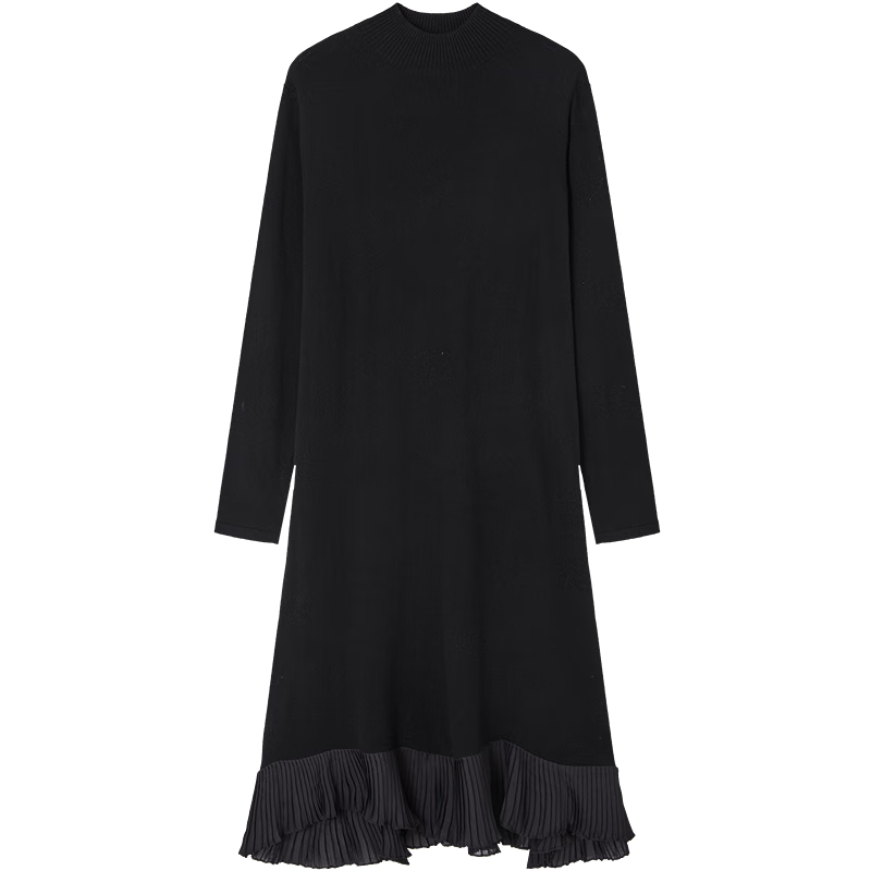 Demana Wool and Cashmere Blend Winter Elegant Half Turtleneck Chiffon Pleated Patchwork Irregular Women's Dress