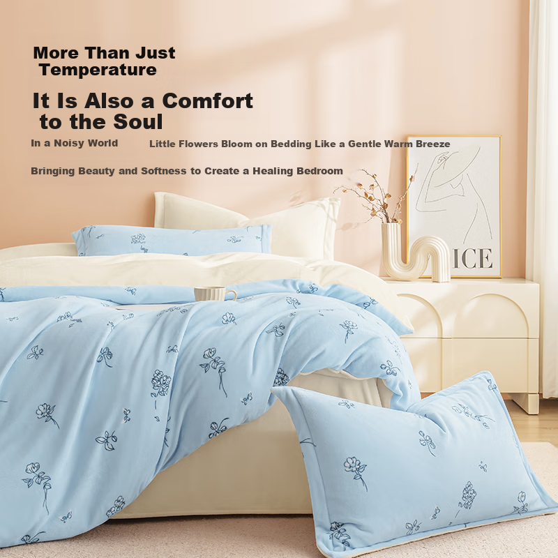 JD Original 220g Milk Velvet Three-Piece Set, Class A Autumn Winter Thickened High-Weight Flannel Warm Single Student Dormitory Bedding, for 0.9/1.2m Bed, Blue Floral Patter