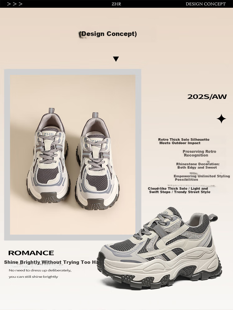 ZHR Women's Dad Sneakers Spring Autumn Lightweight Thick Sole 2026 New Casual Sports Shoes ID53 Silver Size 35 2